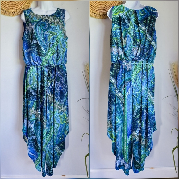 London Times New Gwynnie Jumpsuit Paisley Jersey Crop Asymmetrical Leg SZ 10 - Picture 1 of 9